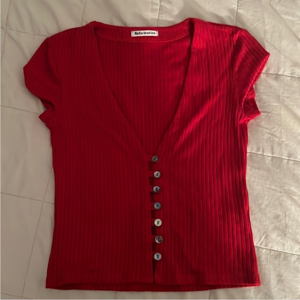 Reformation Red Ribbed Button-Down Short Sleeve Top